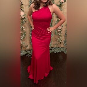 094 Sherri Hill Vibrant Red One-Shoulder Gown